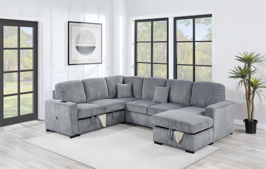 Poundex F8560 4 pc Fog grey corduroy fabric sectional sofa with storage chaise and love seat and pop up sleep area in center USB charging