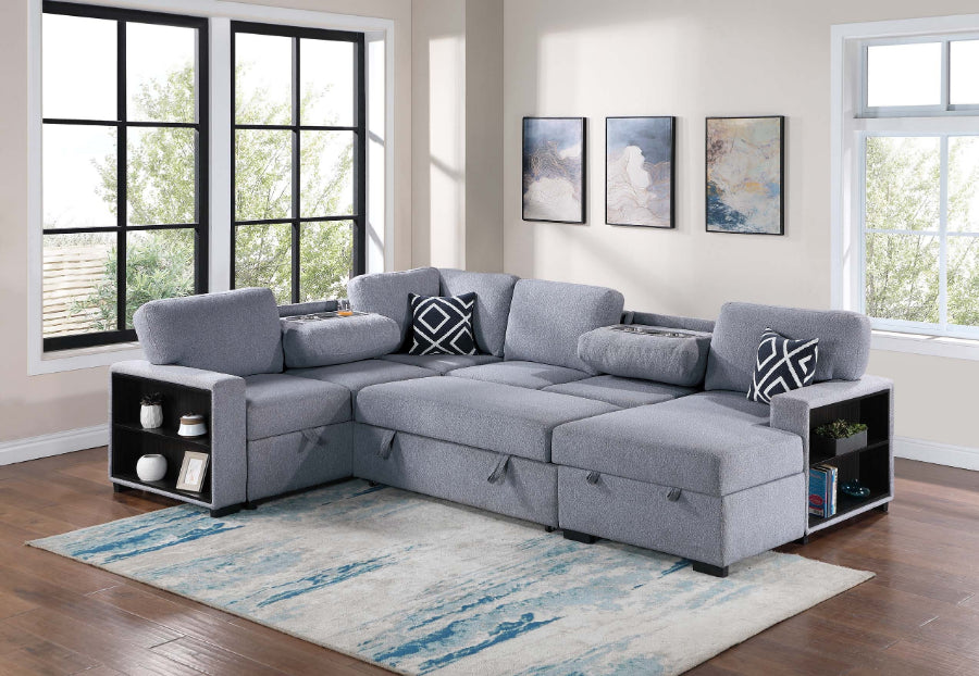 Poundex F8561 4 pc Grey boucle fabric sectional sofa with storage chaise and love seat and pop up sleep area in center drop down tray tables