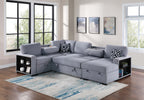 Poundex F8561 4 pc Grey boucle fabric sectional sofa with storage chaise and love seat and pop up sleep area in center drop down tray tables