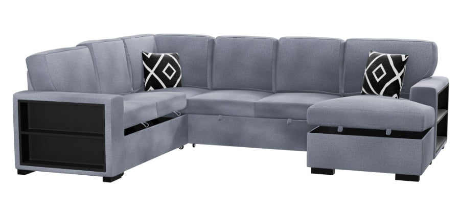 Poundex F8561 4 pc Grey boucle fabric sectional sofa with storage chaise and love seat and pop up sleep area in center drop down tray tables