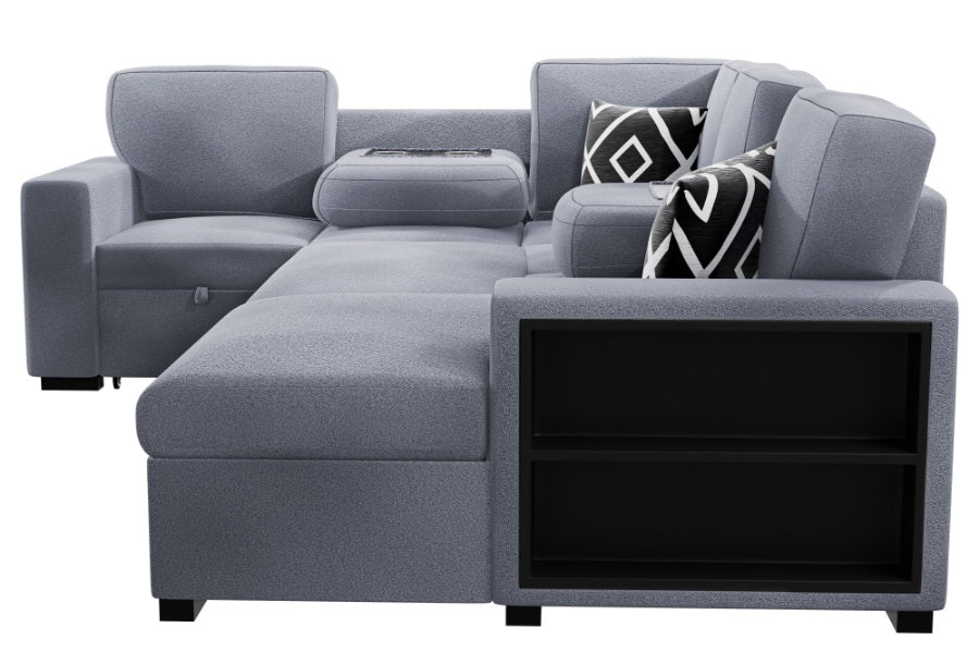 Poundex F8561 4 pc Grey boucle fabric sectional sofa with storage chaise and love seat and pop up sleep area in center drop down tray tables