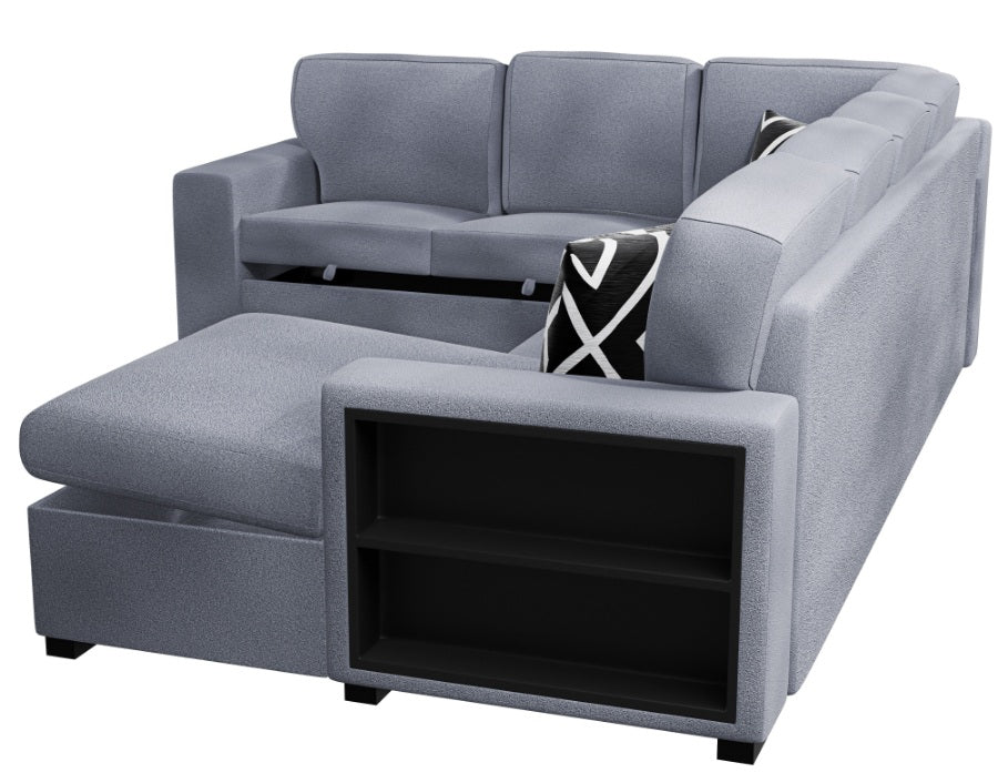 Poundex F8561 4 pc Grey boucle fabric sectional sofa with storage chaise and love seat and pop up sleep area in center drop down tray tables