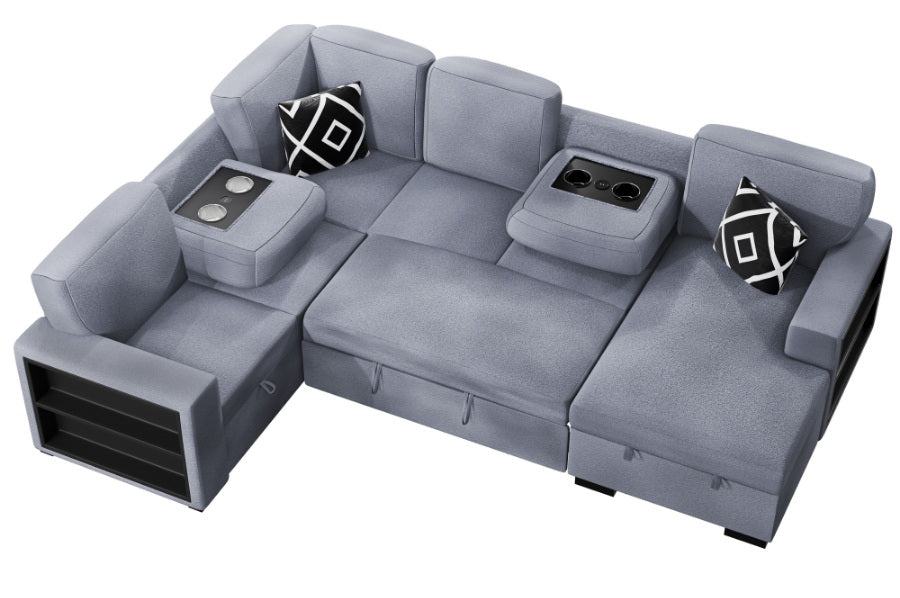 Poundex F8561 4 pc Grey boucle fabric sectional sofa with storage chaise and love seat and pop up sleep area in center drop down tray tables