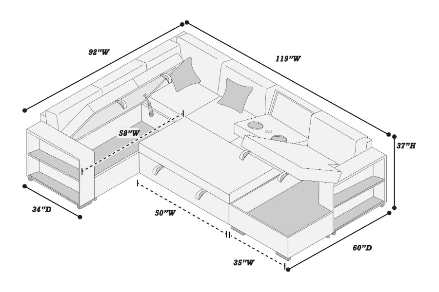 Poundex F8561 4 pc Grey boucle fabric sectional sofa with storage chaise and love seat and pop up sleep area in center drop down tray tables