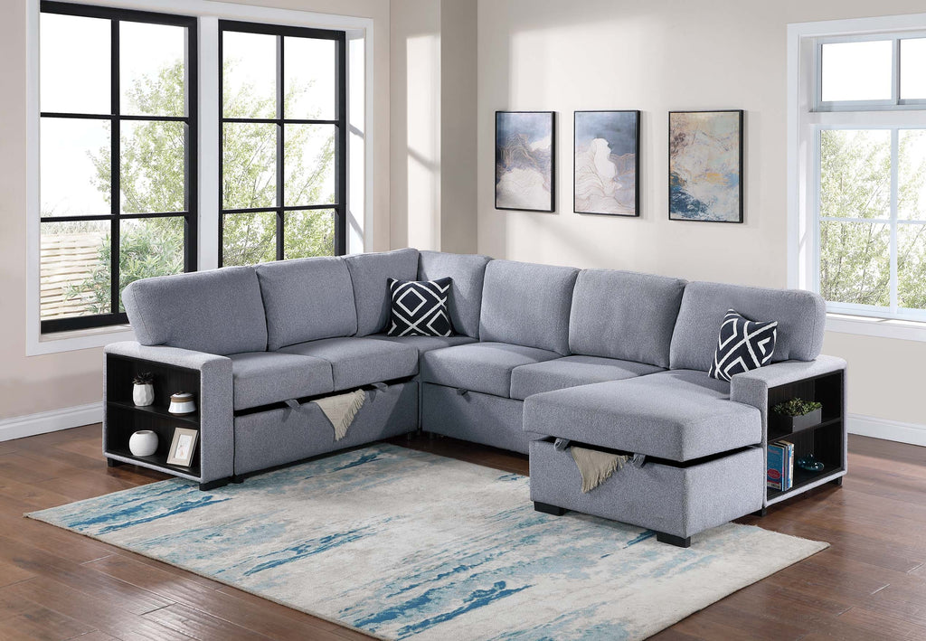 Poundex F8561 4 pc Grey boucle fabric sectional sofa with storage chaise and love seat and pop up sleep area in center drop down tray tables