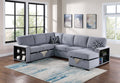 Poundex F8561 4 pc Grey boucle fabric sectional sofa with storage chaise and love seat and pop up sleep area in center drop down tray tables