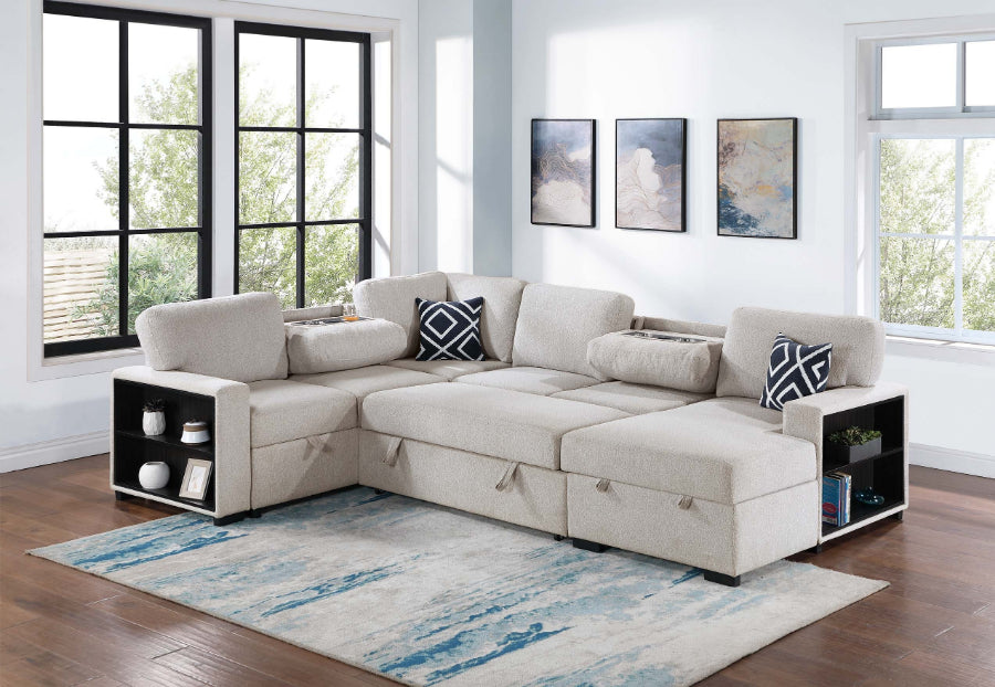 Poundex F8562 4 pc Beige boucle fabric sectional sofa with storage chaise and love seat and pop up sleep area in center drop down tray tables