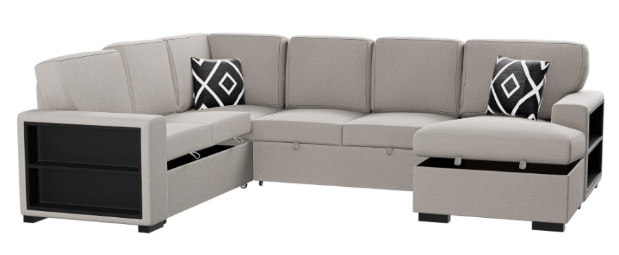 Poundex F8562 4 pc Beige boucle fabric sectional sofa with storage chaise and love seat and pop up sleep area in center drop down tray tables