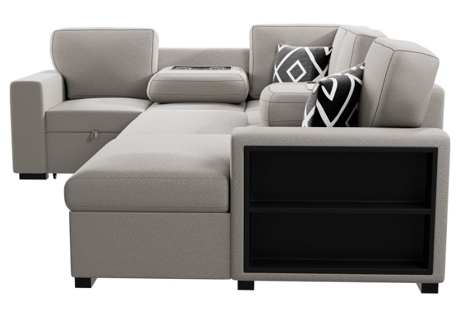 Poundex F8562 4 pc Beige boucle fabric sectional sofa with storage chaise and love seat and pop up sleep area in center drop down tray tables