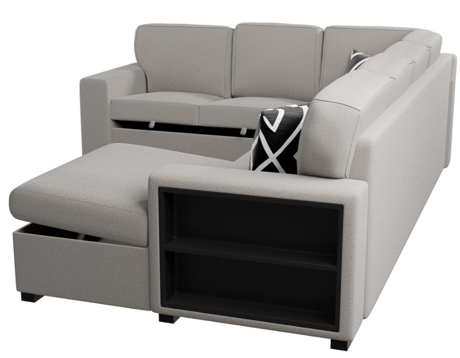 Poundex F8562 4 pc Beige boucle fabric sectional sofa with storage chaise and love seat and pop up sleep area in center drop down tray tables