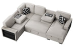 Poundex F8562 4 pc Beige boucle fabric sectional sofa with storage chaise and love seat and pop up sleep area in center drop down tray tables