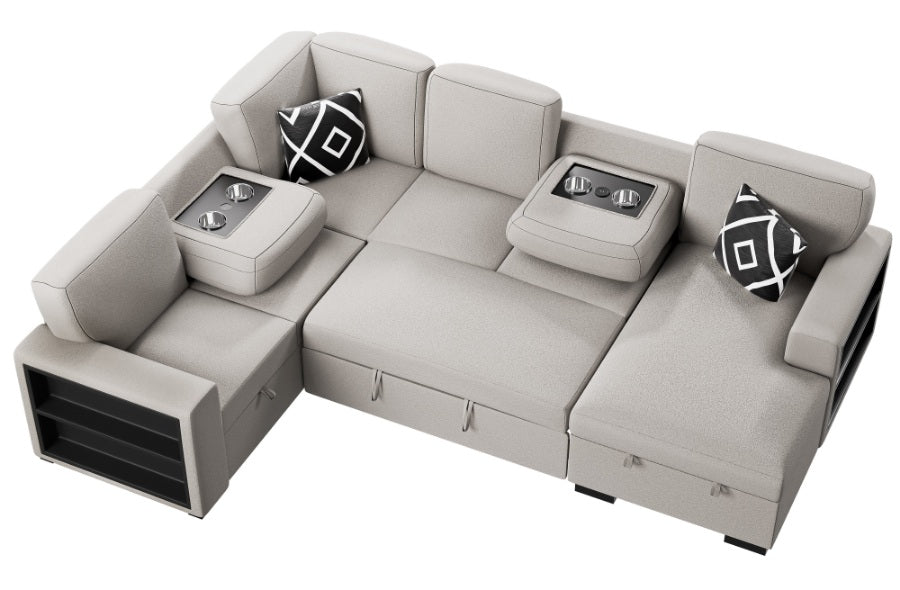 Poundex F8562 4 pc Beige boucle fabric sectional sofa with storage chaise and love seat and pop up sleep area in center drop down tray tables
