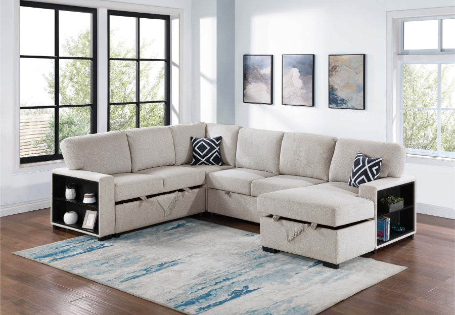 Poundex F8562 4 pc Beige boucle fabric sectional sofa with storage chaise and love seat and pop up sleep area in center drop down tray tables