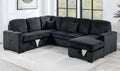Poundex F8565 4 pc Black corduroy fabric sectional sofa with storage chaise and love seat and pop up sleep area in center USB charging