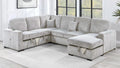 Poundex F8566 4 pc Ivory corduroy fabric sectional sofa with storage chaise and love seat and pop up sleep area in center USB charging
