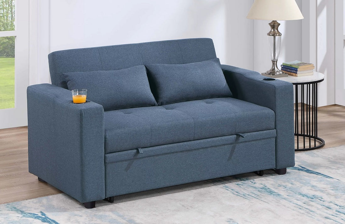 Poundex F8567 Dark Blue linen like fabric sofa set pull out sleep area folding back cup holders in arms