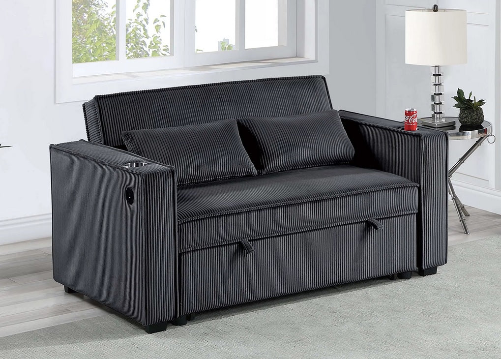 Poundex F8568 Black corduroy fabric sofa set pull out sleep area folding back cup holders and USB ports in arms
