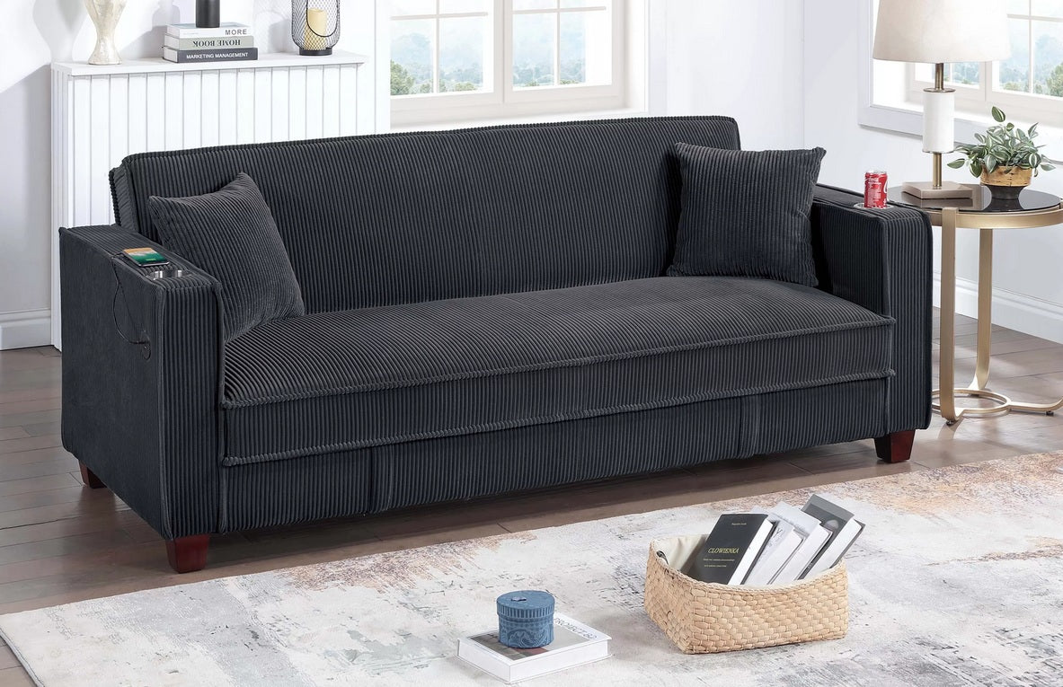 Poundex F8569 Black corduroy fabric futon folding sofa bed with storage underneath seat folding back USB ports on arm cup holders