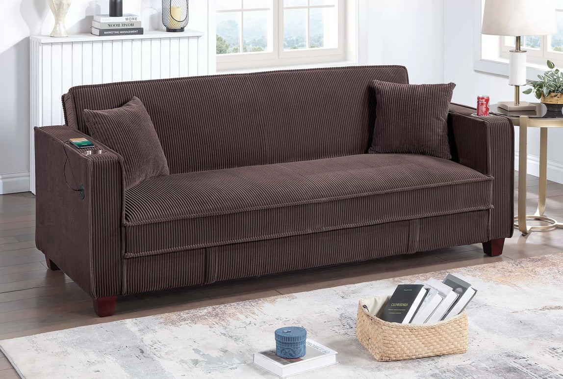 Poundex F8570 Chocolate brown corduroy fabric futon folding sofa bed with storage underneath seat folding back USB ports on arm cup holders