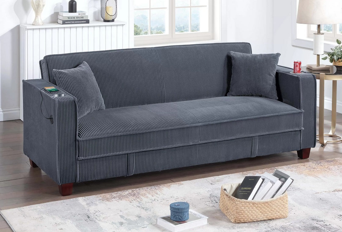 Poundex F8571 Dark grey corduroy fabric futon folding sofa bed with storage underneath seat folding back USB ports on arm cup holders