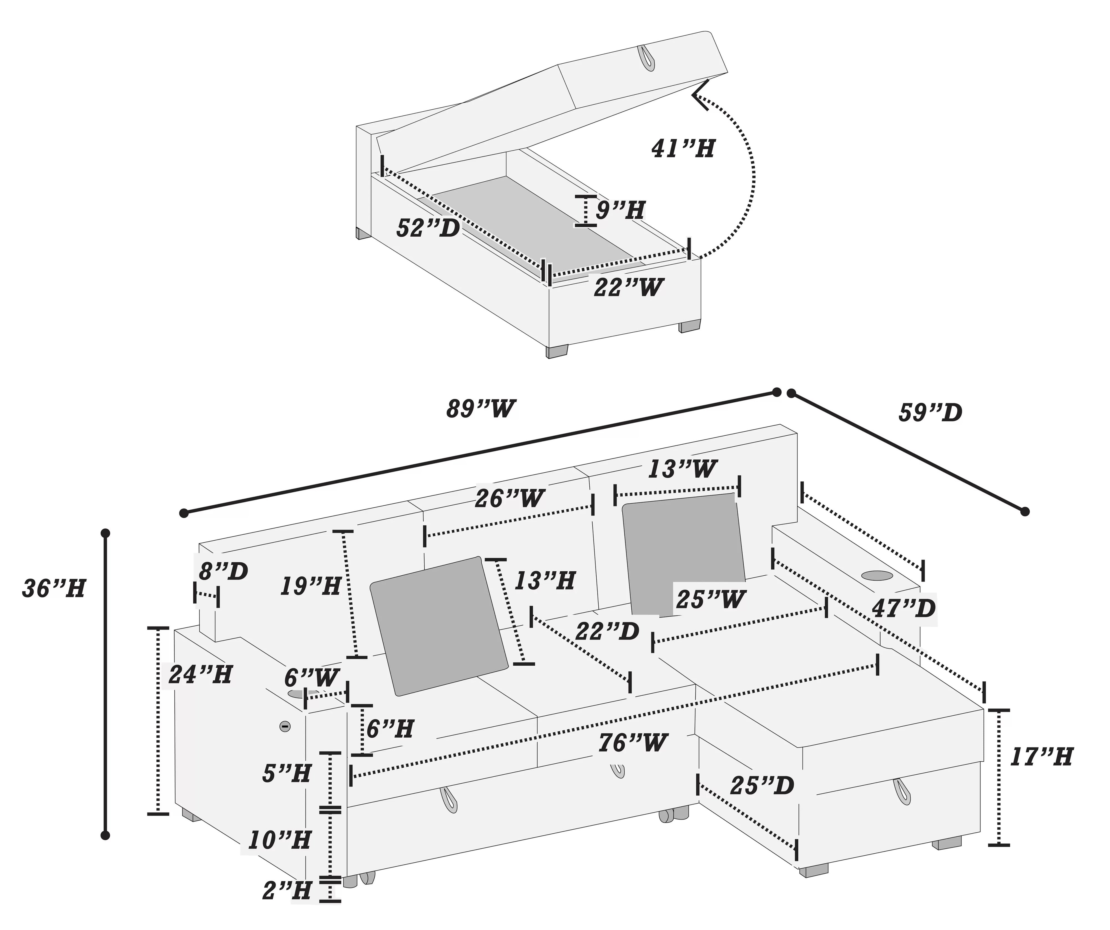 Poundex F8572 2 pc black corduroy sectional sofa set pull out sleep area with reversible pop up storage chaise cup holders and USB ports
