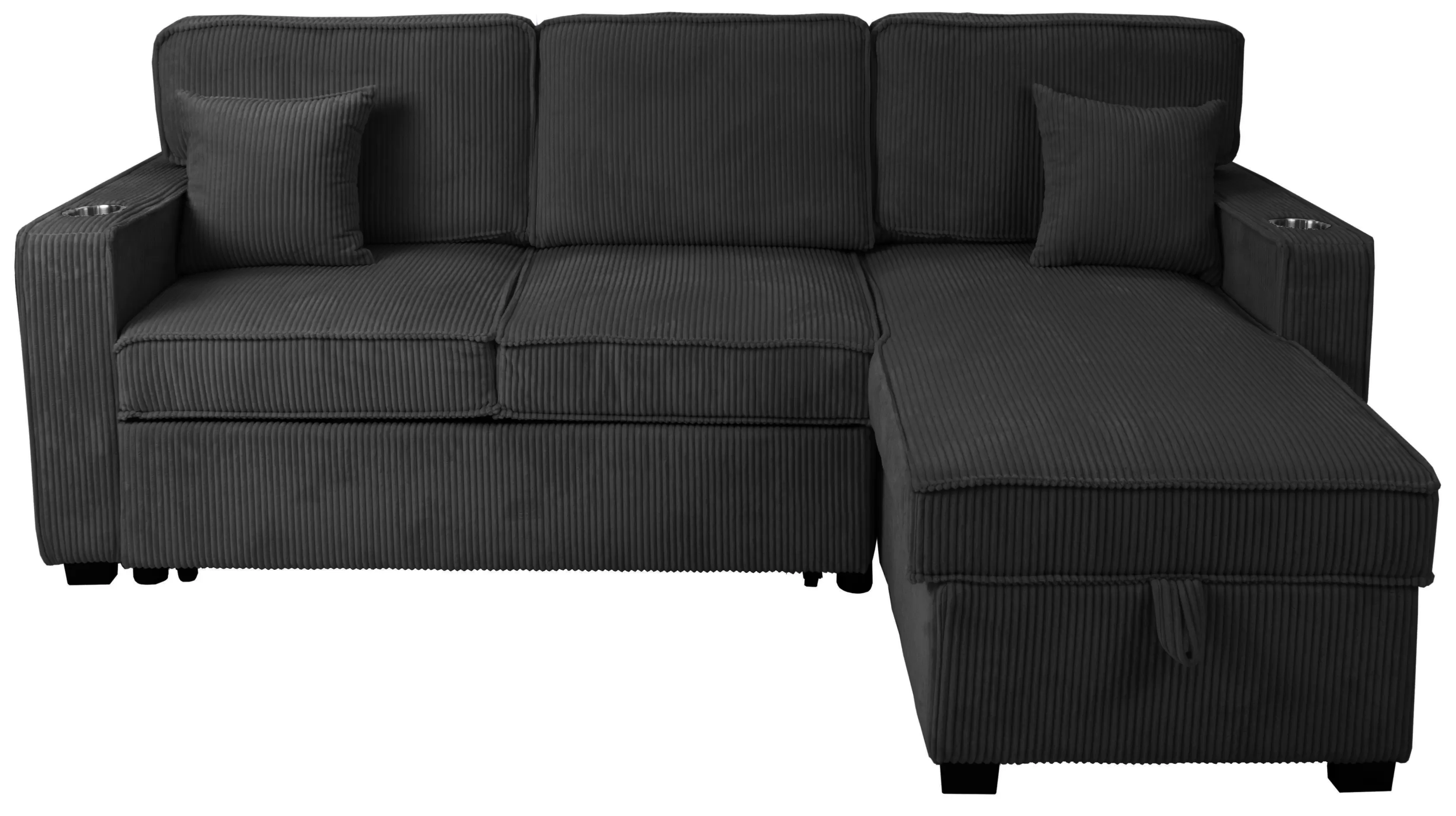 Poundex F8572 2 pc black corduroy sectional sofa set pull out sleep area with reversible pop up storage chaise cup holders and USB ports