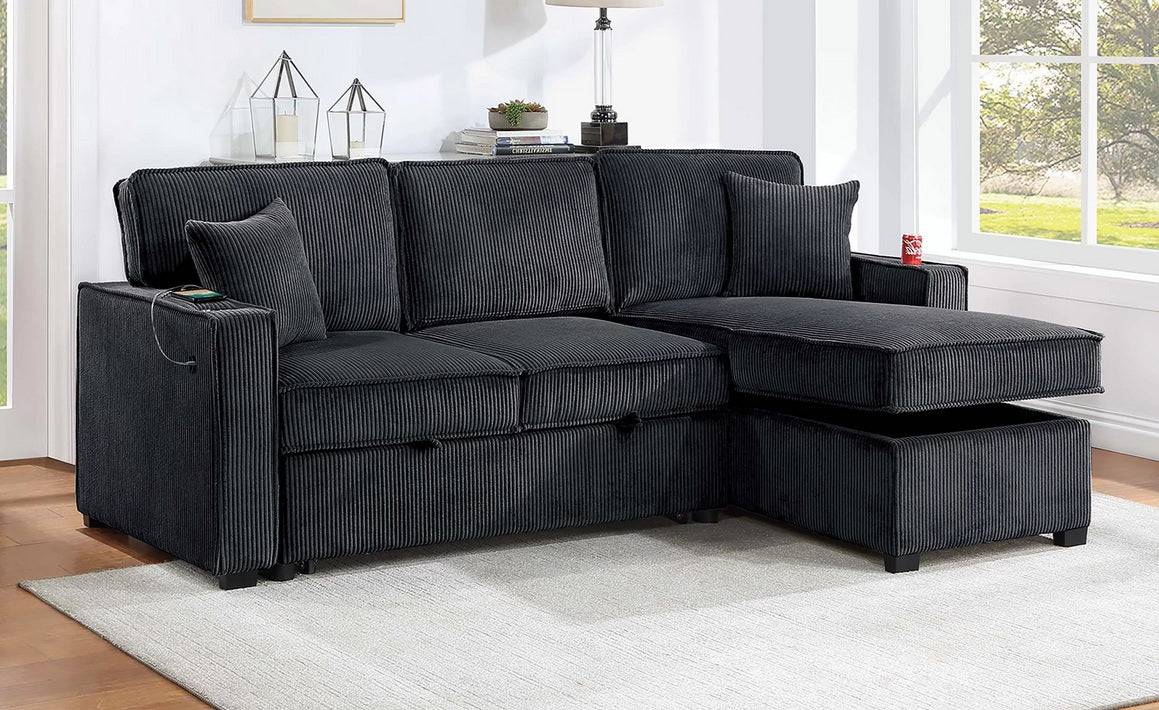 Poundex F8572 2 pc black corduroy sectional sofa set pull out sleep area with reversible pop up storage chaise cup holders and USB ports