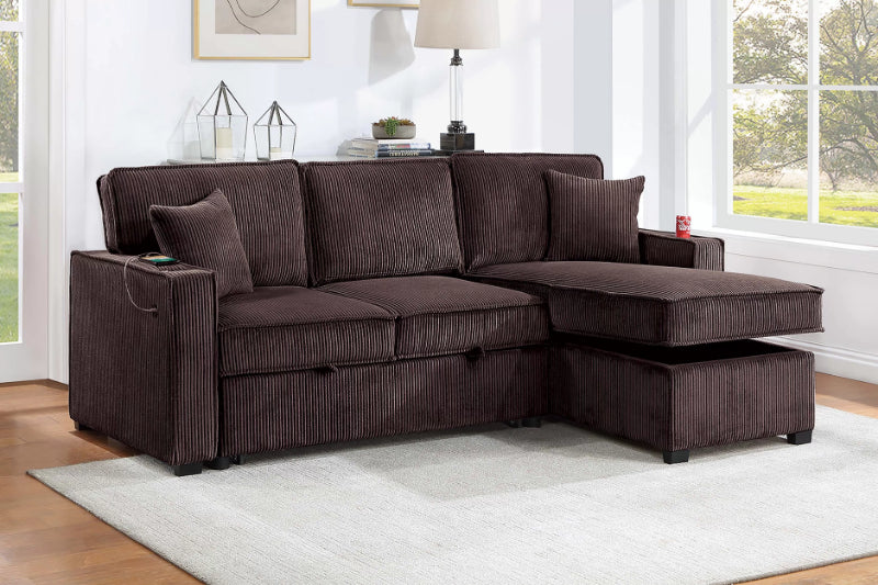 Poundex F8573 2 pc chocolate corduroy sectional sofa set pull out sleep area with reversible pop up storage chaise cup holders and USB ports