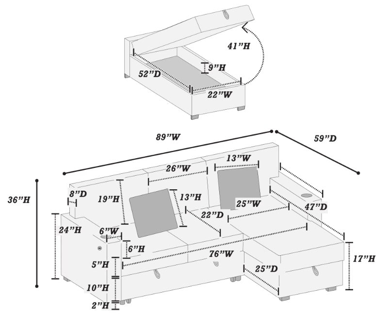 Poundex F8573 2 pc chocolate corduroy sectional sofa set pull out sleep area with reversible pop up storage chaise cup holders and USB ports