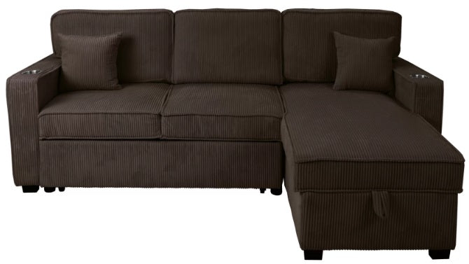Poundex F8573 2 pc chocolate corduroy sectional sofa set pull out sleep area with reversible pop up storage chaise cup holders and USB ports