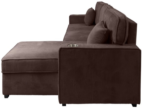 Poundex F8573 2 pc chocolate corduroy sectional sofa set pull out sleep area with reversible pop up storage chaise cup holders and USB ports