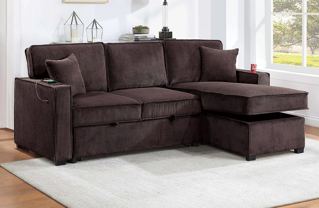 Poundex F8573 2 pc chocolate corduroy sectional sofa set pull out sleep area with reversible pop up storage chaise cup holders and USB ports