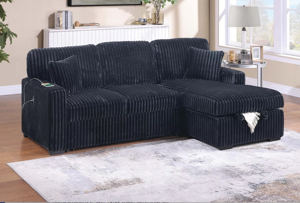 Poundex F8574 2 pc Black fur like corduroy fabric sectional sofa with pop up sleep area and storage chaise drop down tray table USB ports