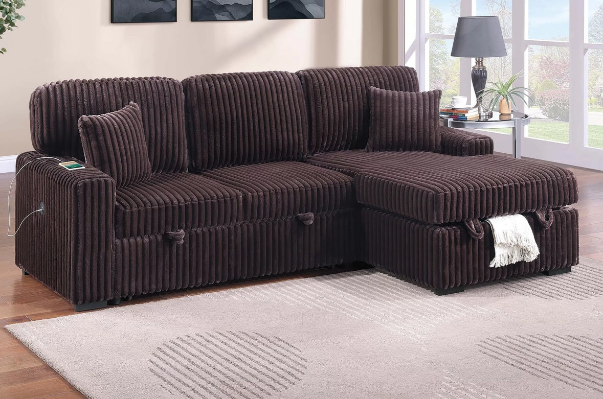 Poundex F8575 2 pc Coffee brown fur like corduroy fabric sectional sofa with pop up sleep area and storage chaise drop down tray table USB ports