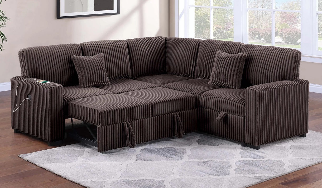 Poundex F8576 3 pc Chocolate brown fur like corduroy fabric sectional sofa with pop up sleep area and storage love seat and USB charging ports