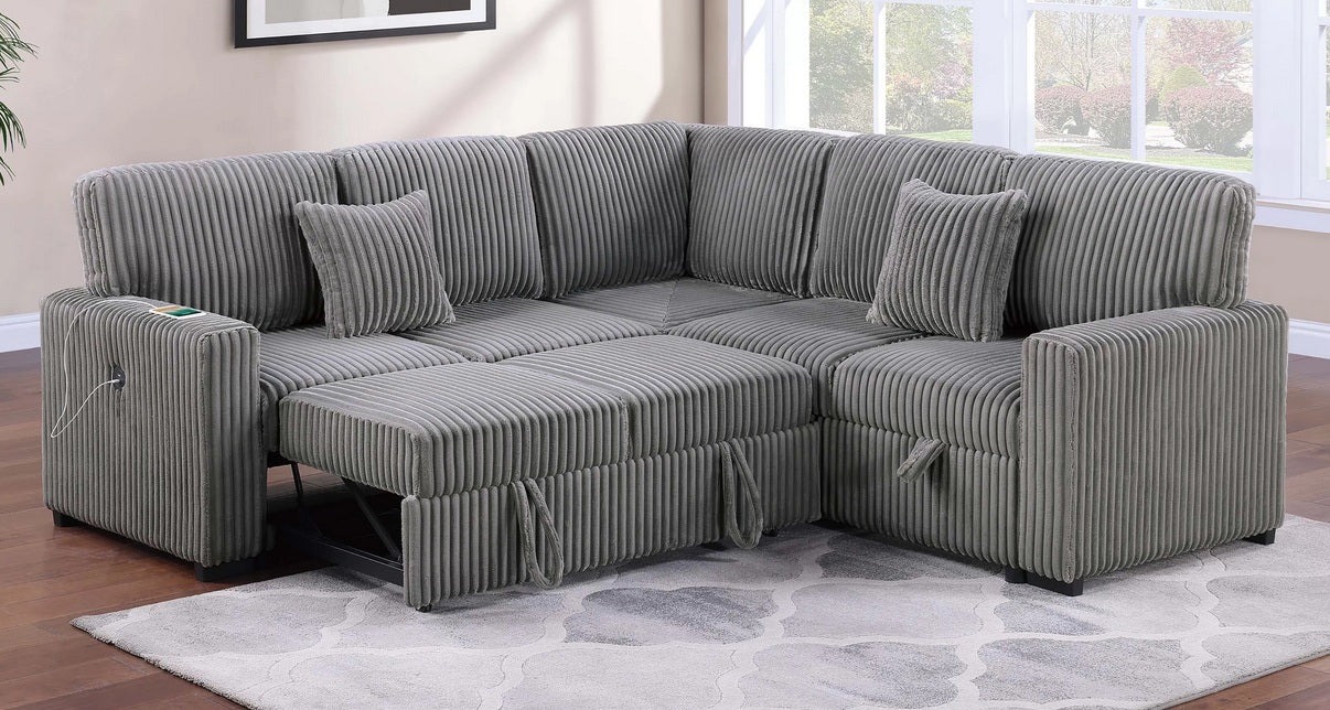 Poundex F8577 3 pc Smoke grey fur like corduroy fabric sectional sofa with pop up sleep area and storage love seat and USB charging ports