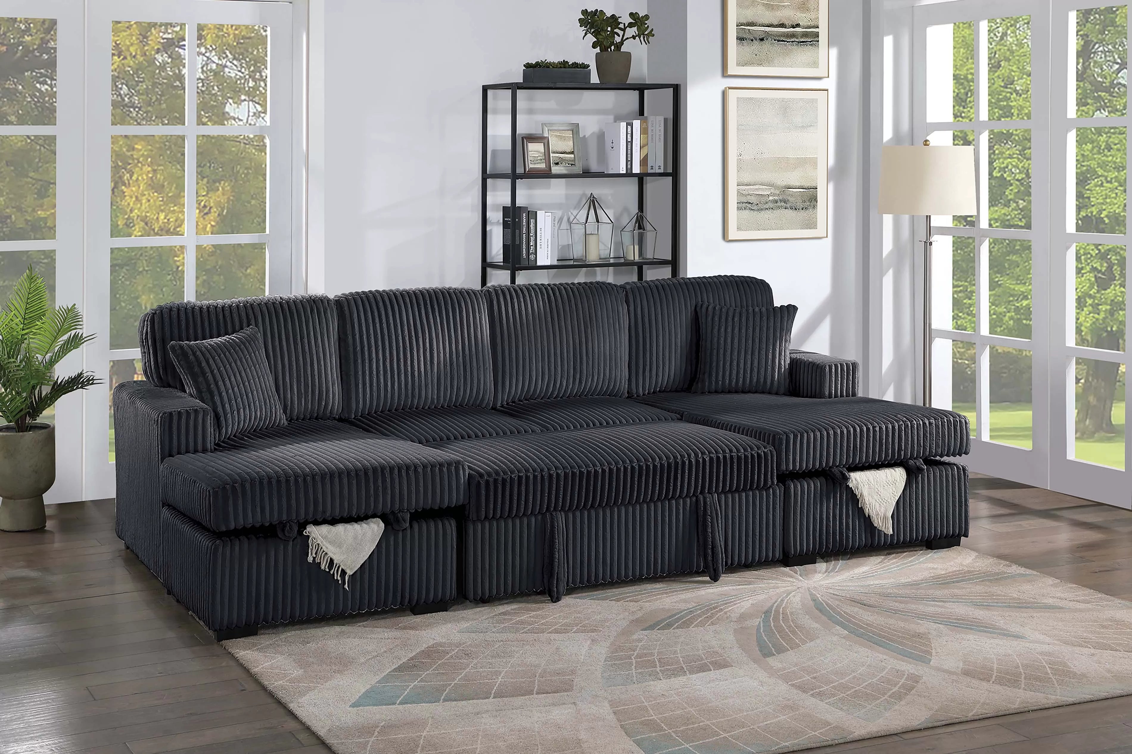 Poundex F8578 3 pc Black fur like corduroy fabric sectional sofa with double storage chaise and pop up sleep area in center