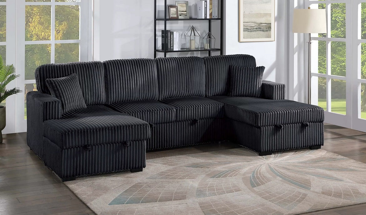 Poundex F8578 3 pc Black fur like corduroy fabric sectional sofa with double storage chaise and pop up sleep area in center
