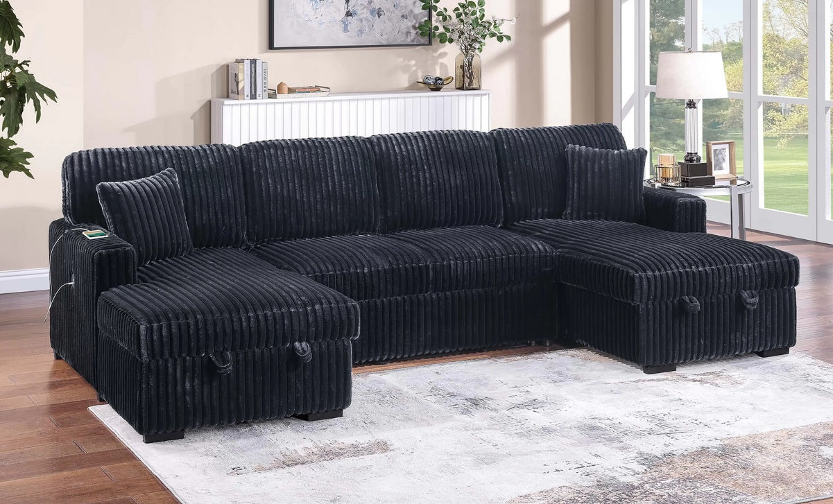 Poundex F8582 3 pc Black corduroy fabric sectional sofa with double storage chaise and pop up sleep area in center