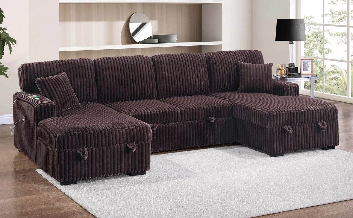 Poundex F8583 3 pc Coffee brown corduroy fabric sectional sofa with double storage chaise and pop up sleep area in center
