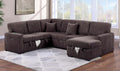 Poundex F8584 4 pc Chocolate fur like corduroy fabric sectional sofa with storage chaise and love seat and pop up sleep area in center USB charging