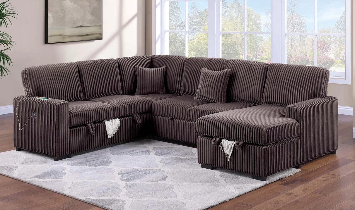 Poundex F8584 4 pc Chocolate fur like corduroy fabric sectional sofa with storage chaise and love seat and pop up sleep area in center USB charging