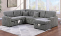 Poundex F8585 4 pc Smoke grey fur like corduroy fabric sectional sofa with storage chaise and love seat and pop up sleep area in center USB charging