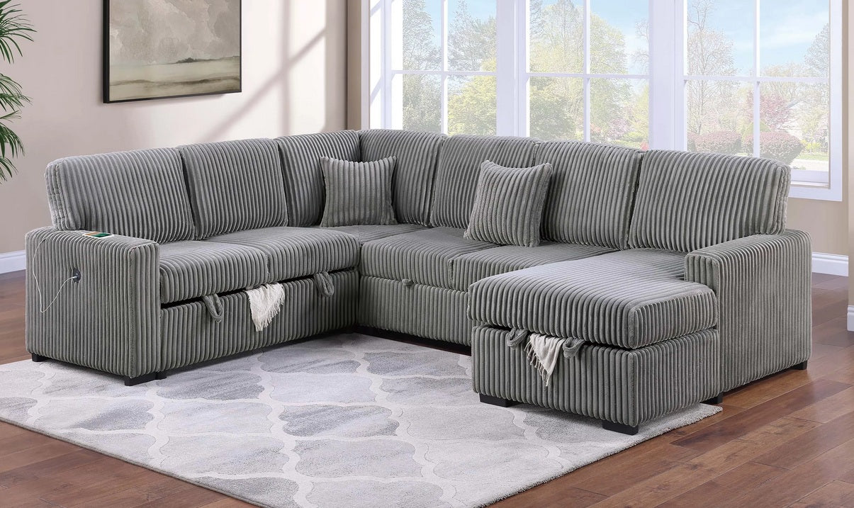 Poundex F8585 4 pc Smoke grey fur like corduroy fabric sectional sofa with storage chaise and love seat and pop up sleep area in center USB charging