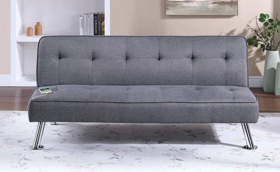 Poundex F8587 Blue grey linen like fabric folding sofa futon bed with chrome legs tufted upholstery USB charging ports