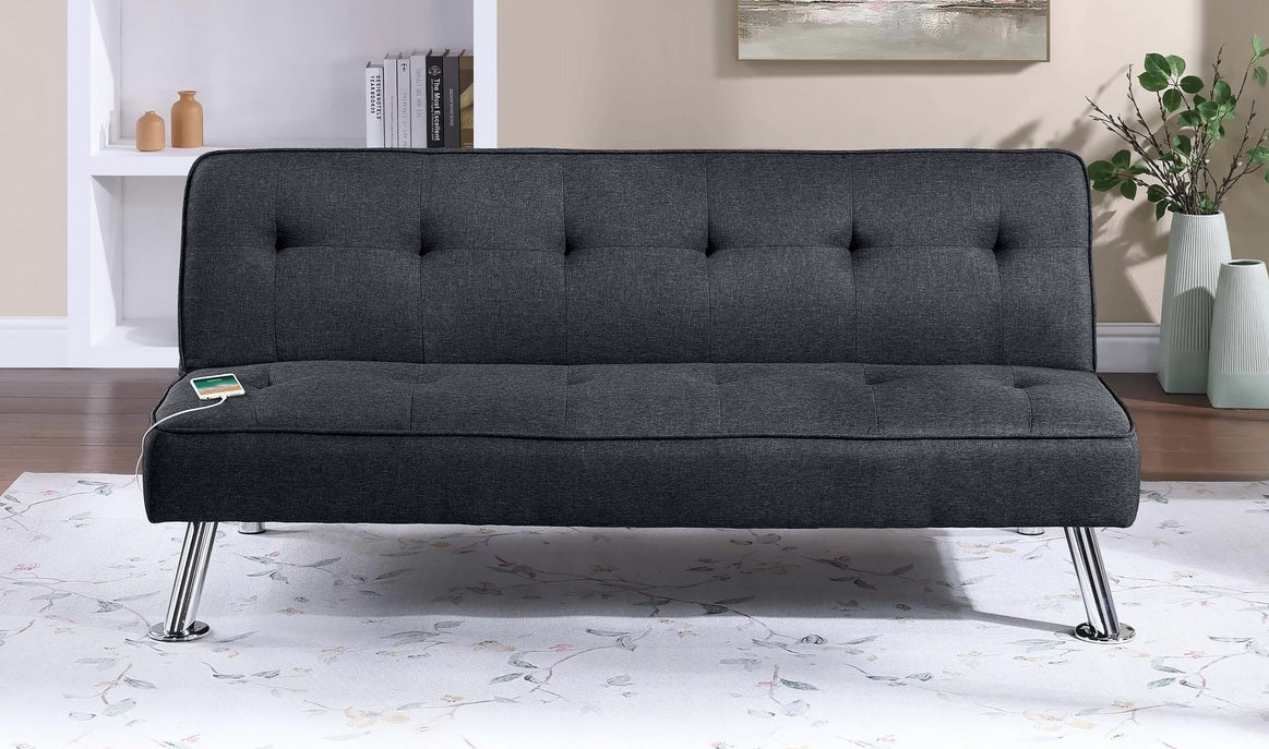 Poundex F8588 Black linen like fabric folding sofa futon bed with chrome legs tufted upholstery USB charging ports