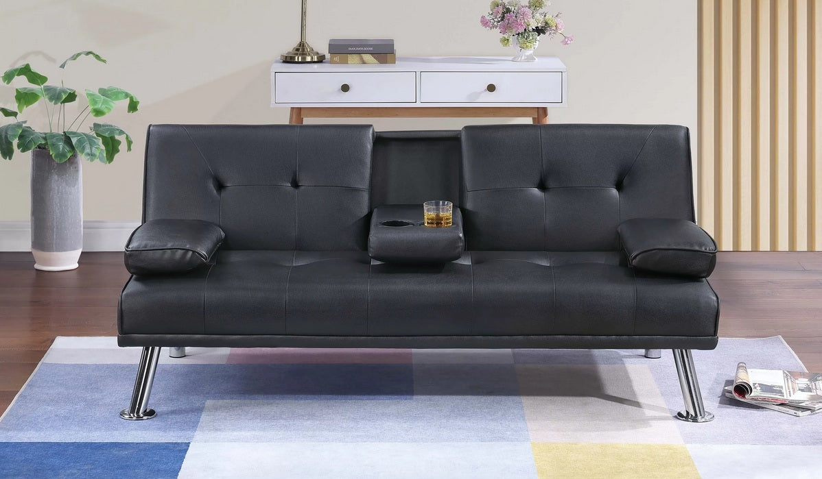 Poundex F8589 Black faux leather folding sofa futon bed with fold down cup holder arm and side arms