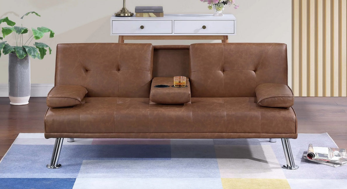 Poundex F8590 Brown faux leather folding sofa futon bed with fold down cup holder arm and side arms
