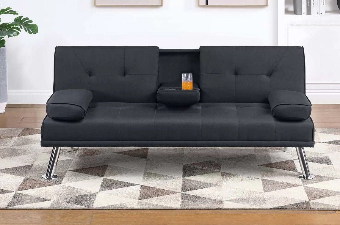 Poundex F8595 Black linen like fabric folding sofa futon bed with fold down cup holder arm and side arms