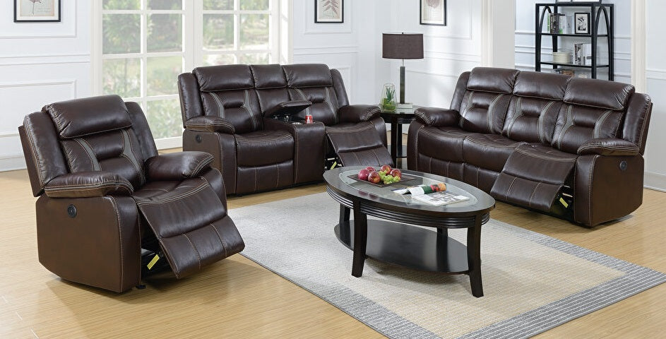 Poundex F86296-95 2 pc dark brown two tone gel leatherette sofa and love seat set with power motion recliner ends